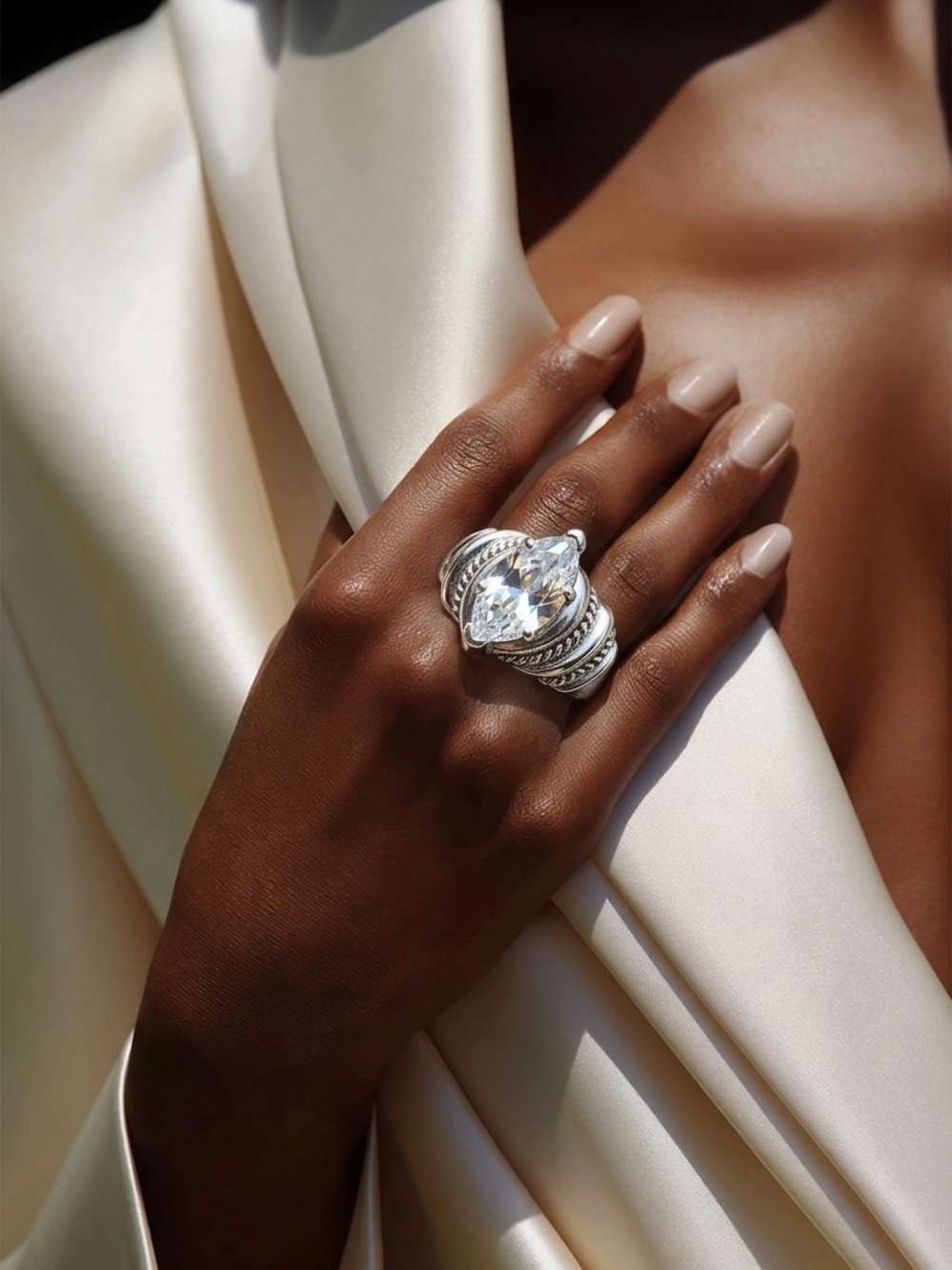 Marquise-Cut Clear Crystal Statement Ring in  silver with goldtone trim